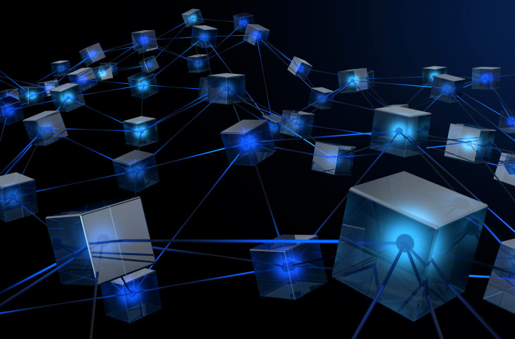 A concept showing a network of interconnected blocks of data depicting a cryptocurrency blockchain data on a dark background - 3D render
