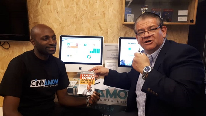 Dickson Mushabe (L) and Wilson Cristancho at the Mobile World Congress in Barcelona